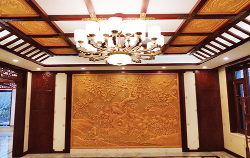 南湖中式别墅客厅中式木作横梁吊顶装饰展示